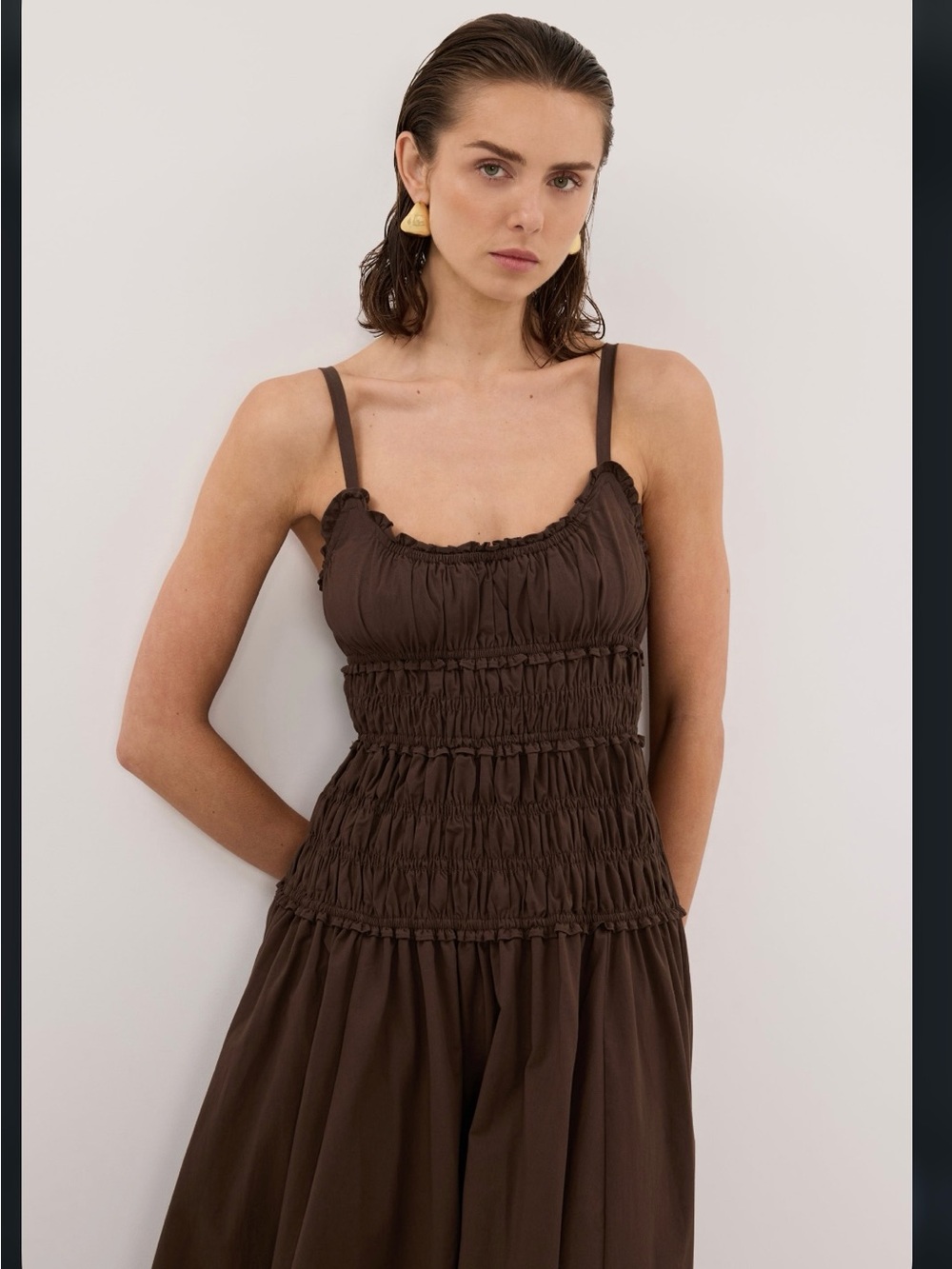 DISSH Chocolate Brown Smocked Maxi Dress with Spaghetti Straps